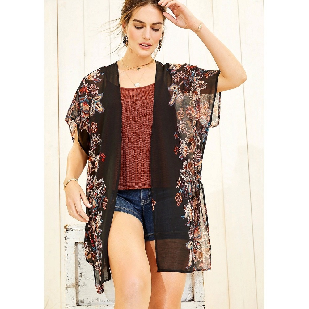 Maurices Womens Boho Floral Paisley Sheer Chiffon Kimono Cardigan Size 2/3 Black